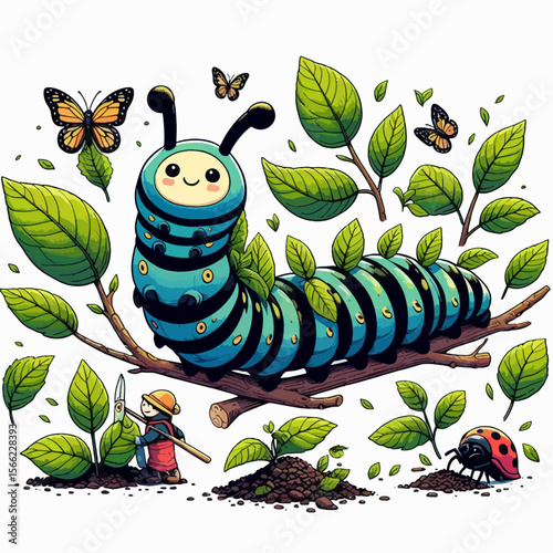 Large, friendly caterpillar rests on a branch surrounded by various plants and insects, including a child tending to the garden. The style is cute and vibrant.