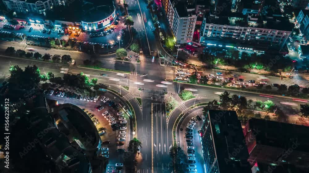 Nighttime timelapse captures urban traffic flow at a bustling intersection with vibrant city lights