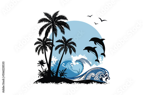 tropical palm trees, dolphins jumping in waves, minimalist silhouette style, blue sky background, 
black and white with blue accents, high contrast, simple geometric shapes, clean and modern design