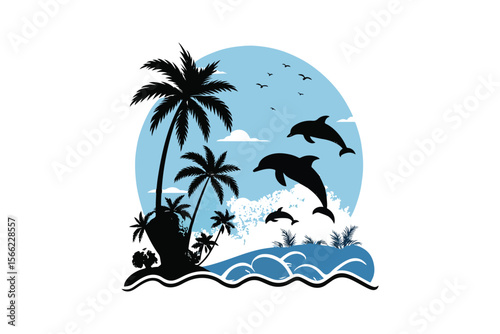 tropical palm trees, dolphins jumping in waves, minimalist silhouette style, blue sky background, 
black and white with blue accents, high contrast, simple geometric shapes, clean and modern design