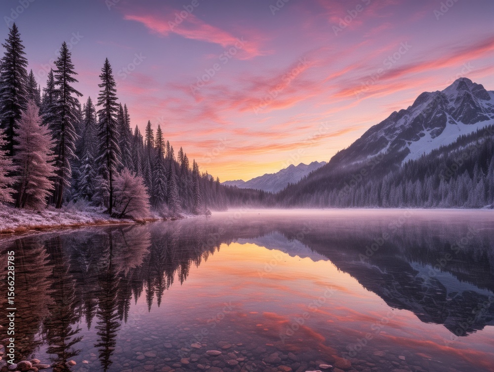 Fototapeta premium Serene Winter Sunrise Over Snow-Covered Lake and Distant Mountains