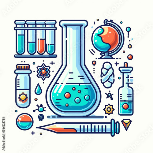 Vibrant, illustrated collection of scientific laboratory tools and components, displayed in a circular arrangement against a white background.