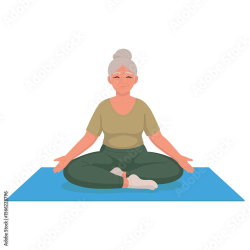 Elderly woman practicing yoga on a mat in sitting position