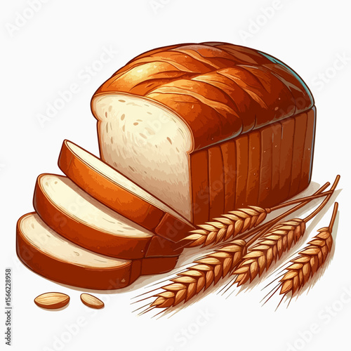 Detailed illustration of a sliced loaf of bread, with visible slices and a few scattered seeds, and wheat stalks.