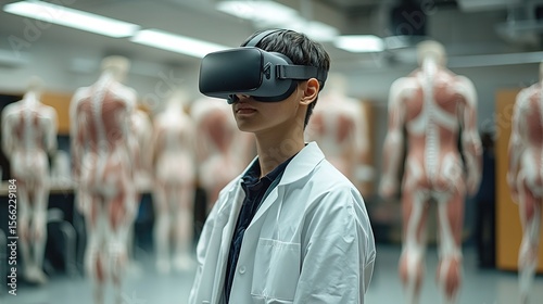 Realistic Teenager Wearing VR Headset Exploring Human Anatomy Models in Laboratory