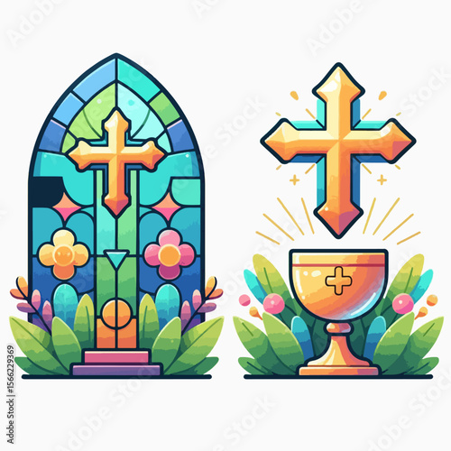 Two religious images, a stained glass window and a chalice, arranged with floral elements, showcasing a colorful design.