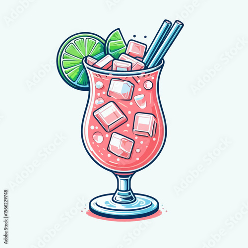 Digitally created image of a pink cocktail in a tall glass, garnished with lime and ice.  The style is modern and graphic.