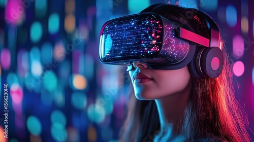 Futuristic Woman Immersed in Virtual Reality Experience with Abstract Background
