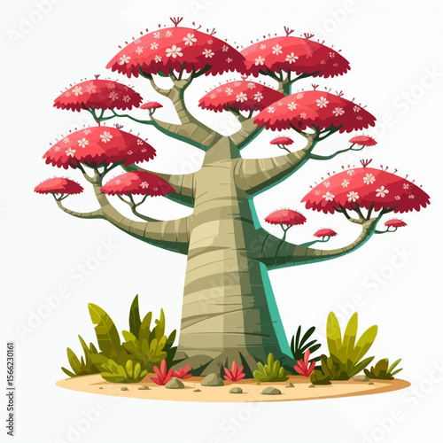 Cartoonish, vibrant illustration of a large baobab tree with pink flowers and stylized foliage.  The tree stands on a bed of grass and rocks.