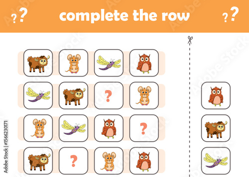 Education game for children complete the pattern. Cute wIld animals. Vector Illustration