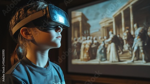 Realistic Girl Experiencing Virtual Reality Headset Immersive Display Technology