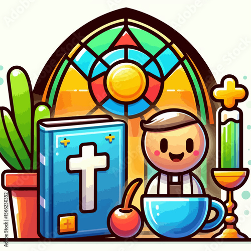 Digital illustration of a cartoon priest and religious objects, set within a stained glass windowed backdrop.  A small cactus, book, cup, and cherry are also shown.