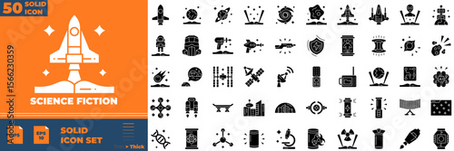 Science fiction Solid Editable Icons set. Vector illustration in modern thin solid style of sicence fiction icons: alien, asteroid, corner, city, etc