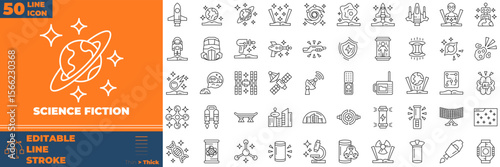 Science fiction Line Editable Icons set. Vector illustration in modern thin line style of sicence fiction icons: alien, asteroid, corner, city, etc