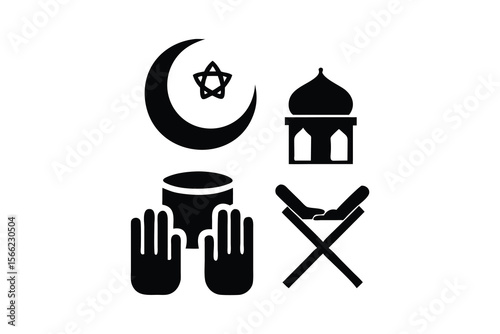 Serene Islamic Icons: Crescent Moon, Star, Mosque, Praying Hands, Prayer Mat; Minimalist Black and White Vector Graphics for Ramadan, Eid, or Religious Design Projects.