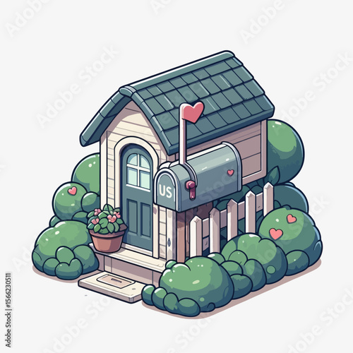 Charming, stylized illustration of a small house with a mailbox, nestled in a garden.  Soft colors and whimsical details create a cheerful scene.