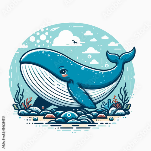 Charming illustration of a friendly whale amidst an aquatic environment.  The style is cartoonish and  peaceful, portraying the whale in a relaxed pose.