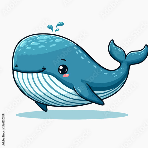 Charming, cartoonish whale, depicted in a light blue hue with adorable features, swimming against a bright background.