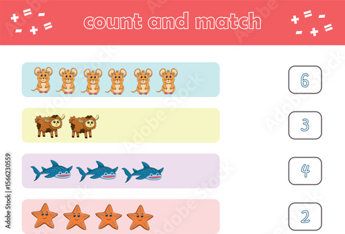 Education game for children count and match of cute wild animals. Educational game for kids. Printable worksheet. Vector Illustration