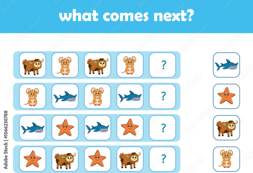 Obraz premium What comes next. Logical activity for preschool children with cute wild animals. Vector Illustration