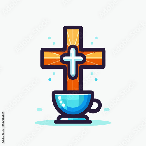 Stylized graphic design of a cross atop a cup, showcasing warm orange and cool blue tones, perfect for a religious or spiritual theme.