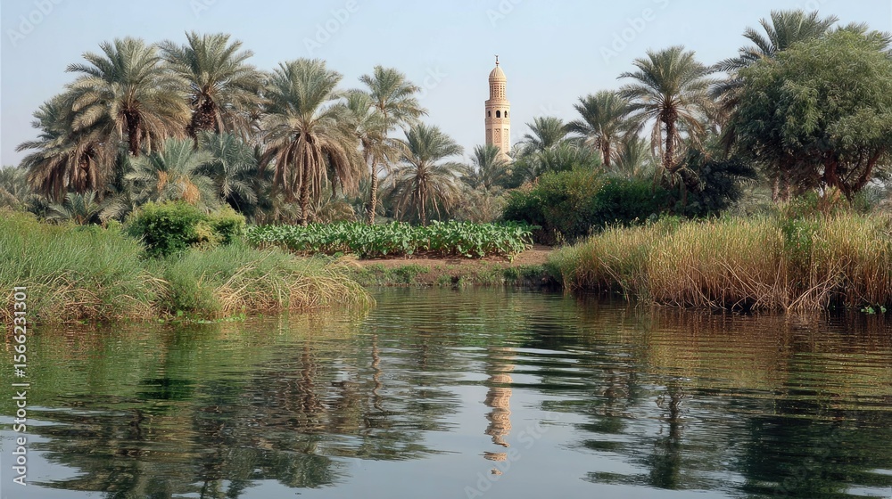 Riverside Oasis with Palm Trees and Tower Riverside Oasis with Palm Trees and Tower