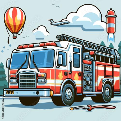 Vibrant illustration depicts a firetruck and related emergency equipment set against a light-blue background.  Details like a hot air balloon and plane are included in the composition.