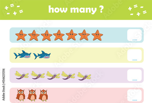 Count and match activity page for kids with cute wild animals. Elementary math for preschool and kindergarten. Vector illustration