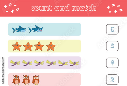 Education game for children count and match of cute wild animals. Educational game for kids. Printable worksheet. Vector Illustration