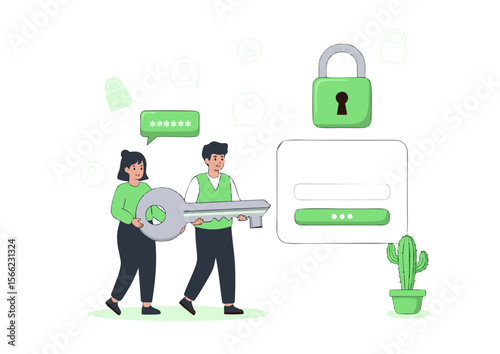 Cartoon man and woman holding a large key for digital security access.