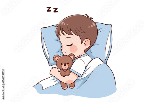 Cute Cartoon Boy Sleeping with Teddy Bear in Bed.