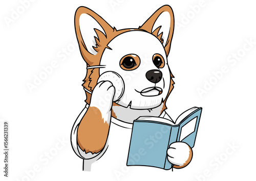 Adorable Corgi Dog in Face Mask Reading a Book.