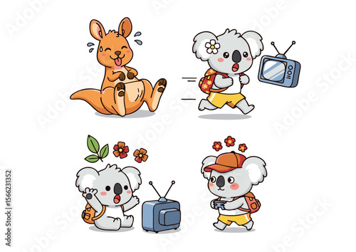 Cute Cartoon Koalas and Kangaroo in Various Activities.