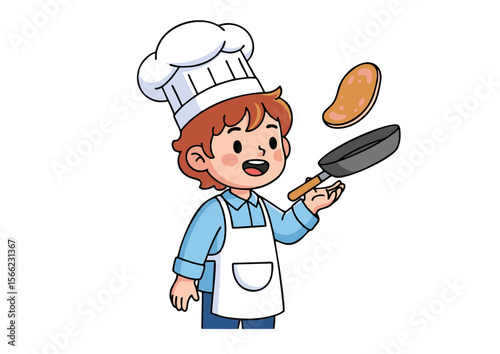 Cheerful Child Chef Tossing Pancake in Frying Pan.
