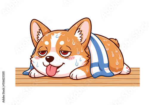 Sweaty Cartoon Corgi Dog Resting on Wood Tired Expression Blue Towel.