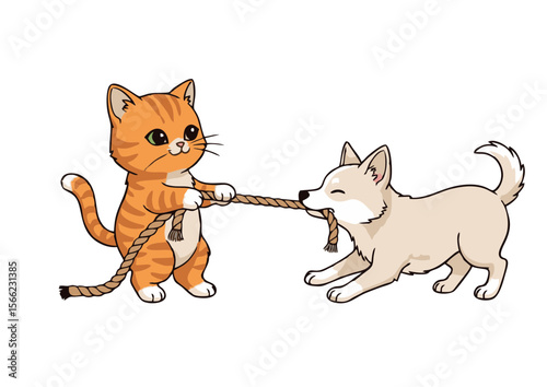 Cute Cartoon Cat and Dog Tug-of-War with Rope Toy.
