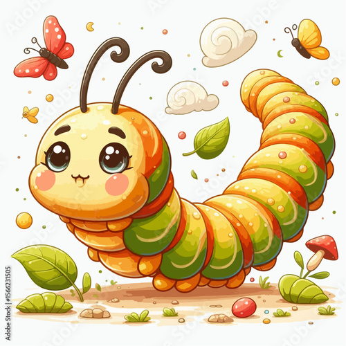 Digital illustration of a cheerful caterpillar with large eyes and a colorful body, surrounded by nature elements and playful details.