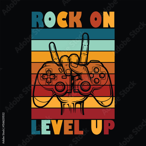 Retro Gamer T Shirt Rock On Level Up Design t-shirt Art & Illustration