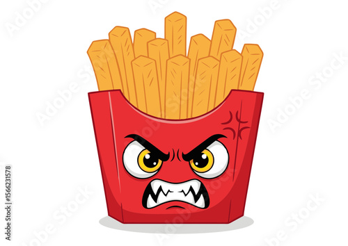 Cartoon Angry French Fries in Red Container with Sharp Teeth.