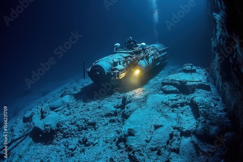 Submarine uncovering the mysteries of the ocean floor during an exploratory mission in deep waters, Submarine Exploring Ocean Floor
