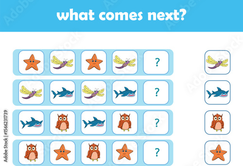 What comes next. Logical activity for preschool children with cute wild animals. Vector Illustration