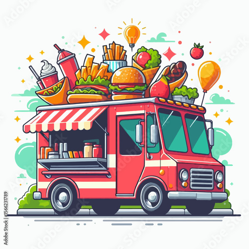 Vibrant graphic design of a food truck overflowing with various types of fast food, depicted in a cartoonish and appealing manner.