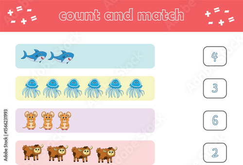 Education game for children count and match of cute wild animals. Educational game for kids. Printable worksheet. Vector Illustration