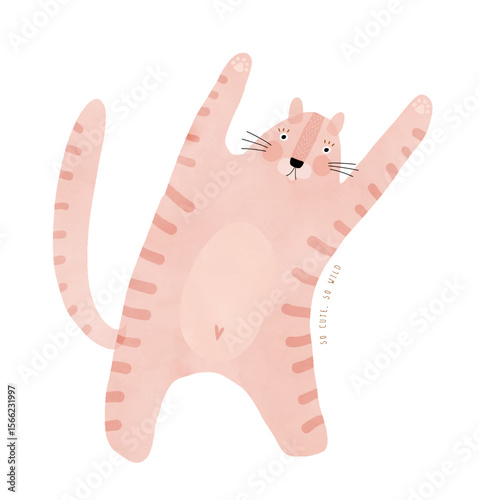 So Cute, So Wild. Funny Pink Tiger Relaxing While Lying On Its Back. Hand Drawn Vector Illustration Of Happy Wild Cat. Safari Animal. King Of The Jungle. Kids' Room Decoration. 