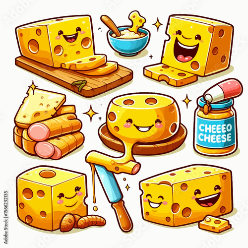 Set of cheerful, cartoon representations of various types of cheese.  Different pieces, slices, and forms of cheese are depicted in a fun and comical manner.