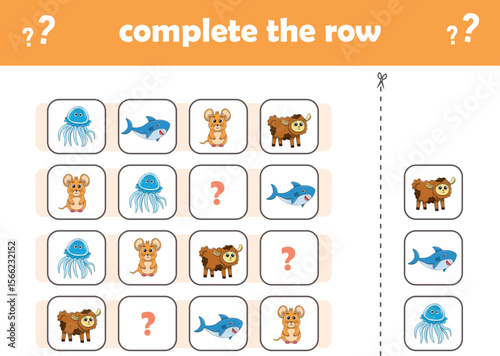 Education game for children complete the pattern. Cute wIld animals. Vector Illustration