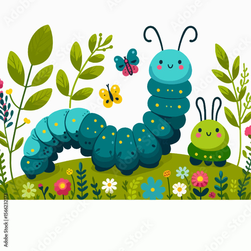 Two friendly cartoon caterpillars and butterflies, surrounded by colorful flowers and plants in a simple design.