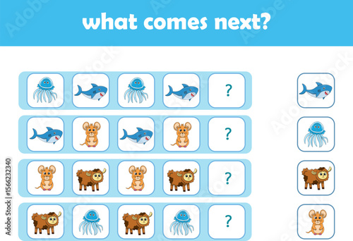 What comes next. Logical activity for preschool children with cute wild animals. Vector Illustration