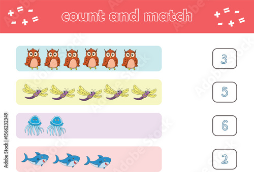 Education game for children count and match of cute wild animals. Educational game for kids. Printable worksheet. Vector Illustration
