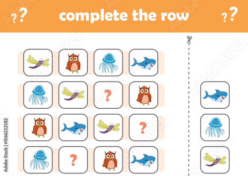 Education game for children complete the pattern. Cute wIld animals. Vector Illustration